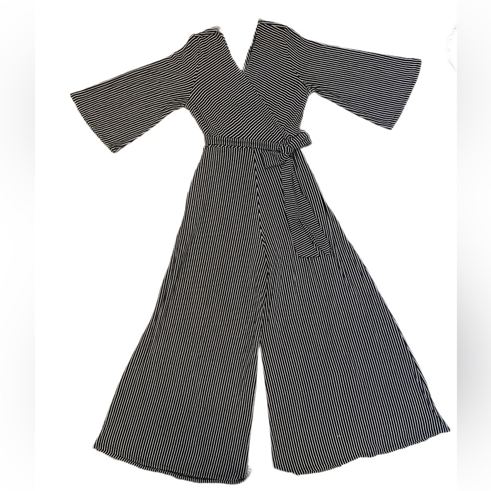 Final Touch Black and White Striped Deep V Neck Wide Leg Jumpsuit